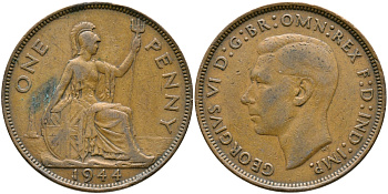 Великобритания 1 пенни 1944 Георг VI (1936-1952) KM 845, Spink 4114 бронза 32-226
