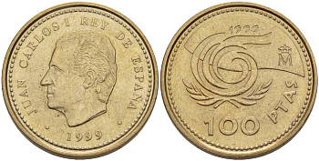 Испания 100 песет 1999 международный год пожилых людей, Хуан Карлос I (1975-2001) KM 1006 алюминиевая бронза 4185-836