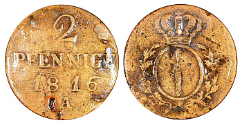 Бранденбург-Пруссия 2 гроша 1816 A, в лаке KM 391, Jaeger 5, AKS 38 медь 3459-236