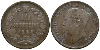 ИТАЛИЯ 10 ЧЕНТЕЗИМО 1866 N, ВИКТОР ЭММАНУИЛ II (1861-1878) KM 11.4 медь 73-712