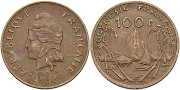 Французская Полинезия 100 франков 1988 KM 14 никель-бронза 4131-1032