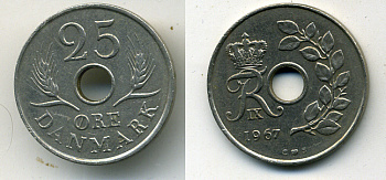 ДАНИЯ 25 ЭРЕ 1967 С; S, ФРЕДЕРИК IX (1947-1972) KM 855.1 медно-никель 54-1162