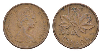 Канада 1 цент 1966 Елизавета II (1952-2022), кленовый лист KM 59 бронза 4630-544