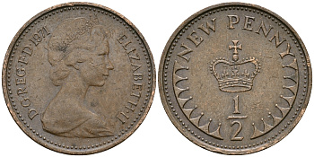 Великобритания 1/2 пенни 1971 Елизавета II (1952-2022) KM 914, Spink 4239 бронза 96-337