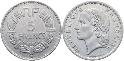 ФРАНЦИЯ 5 ФРАНКОВ 1950 B KM 888b.2 алюминий 74-425
