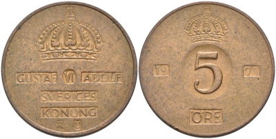 Швеция 5 эре 1971 U, Густав VI Адольф (1950-1973) KM 822 бронза 4557-835