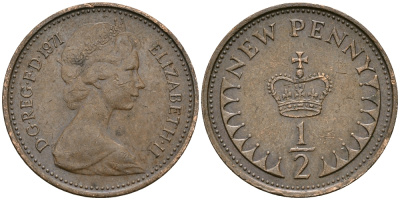 Великобритания 1/2 пенни 1971 Елизавета II (1952-2022) KM 914, Spink 4239 бронза 96-337