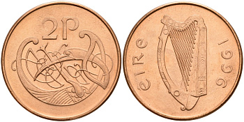 Ирландия 2 пенсов 1996 Виньетка в виде стилизованной птицы из второй библии Карла II Лысого KM 21a бронза 4140-315
