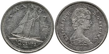 КАНАДА 10 ЦЕНТОВ 1984 ЕЛИЗАВЕТА II (1952-), ПАРУСНИК, ВТОРОЙ ПОРТРЕТ В КОРОНЕ KM 77.2 никель 4532-829