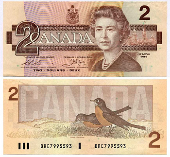 КАНАДА 2 ДОЛЛАРА 1986 ЕЛИЗАВЕТА II, ЗДАНИЕ ПАРЛАМЕНТА, ПОДПИСЬ THIESSEN-CROW Pick 94b бумага 7375-26-3-1