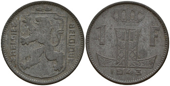 Бельгия 1 франк 1943 Belgique - Belgie, Леопольд III (1934-1947), германская оккупация, Вторая мировая война KM 127 цинк 4161-526