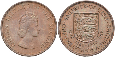 Джерси 1/12 шиллинга 1960 Елизавета II (1952-2022), 300 лет вступления на престол короля Карла II KM 24 бронза UNC 4367-1212