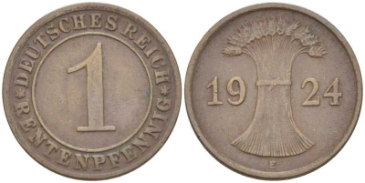 Германия 1 рентенпфенниг 1924 E KM 30, J. 306 бронза 116-861