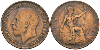 Великобритания 1 пенни 1914 Георг V (1910-1936) KM 810, Spink 4051 бронза 109-835