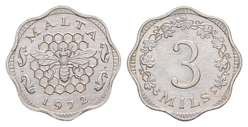 Мальта 3 миля 1972 KM 6 алюминий UNC 4648-1046