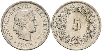 Швейцария 5 раппенов 1963 B KM 26 медно-никель 4608-451