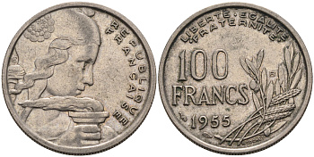 ФРАНЦИЯ 100 ФРАНКОВ 1955 В KM 919.2 медно-никель 4589-717