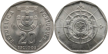 ПОРТУГАЛИЯ 20 ЭСКУДО 1987 KM 634.1 медно-никель UNC 181-357