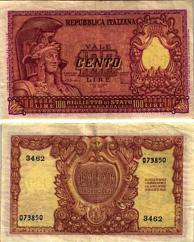 Италия 100 лир 1951 Афина в шлеме, Di Cristina, Cavallaro Pick 92 b бумага 3295-82-1