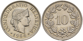Швейцария 10 раппенов 1964 B KM 27 медно-никель 4189-367