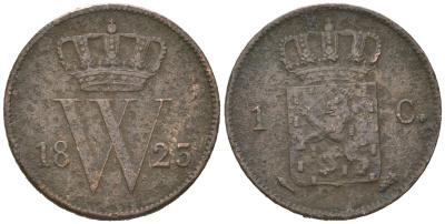 Нидерланды 1 цент 1823 Виллем I (1815-1840) KM 47 медь 4174-1052