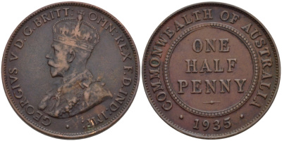 АВСТРАЛИЯ 1/2 ПЕННИ 1935 ГЕОРГ V KM 22 бронза 67-1225