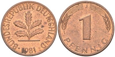 ФРГ 1 пфенниг 1981 J KM 105, J. 380 сталь плакированная медью 4585-765