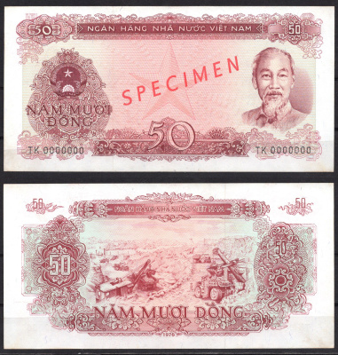 Вьетнам 50 донг 1976 Образец - SPECIMEN. Хо Ши Мин. Открытая добыча полезных ископаемых Pick 84 s бумага aUNC 451-802-1