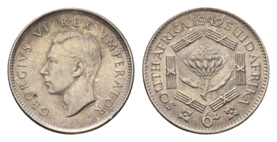 ЮАР 6 пенсов 1942 Георг VI (1936-1952) KM 27 серебро 4564-219