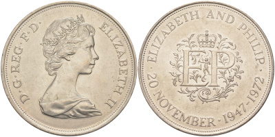 Великобритания 25 пенсов 1972 25 лет со дня свадьбы Елизавтеы II И Филлипа (1947-1972, серебрянная свадьба), Елизавета II (1952-2022) KM 917, Spink 4226 медно-никель 4552-522