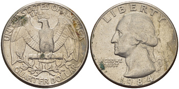 США 25 центов (квотер) 1984 D, Вашингтон KM А164а медь плакированная медно-никелем 31-744