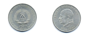 ГДР 20 марок 1971 A, 85 лет со дня рождения Эрнста Тельмана KM 34, J. 1535 медно-никель 3333-634