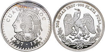 Мексика 2 унции ND ИНДЕЕЦ CUAUHTEMOC (1475-1525), ДИАМЕТР 48 ММ., ВЕС 2 ТРОЙСКИЕ УНЦИИ серебро PROOF 00-00