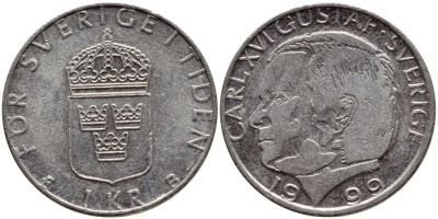 Швеция 1 крона 1999 Карл XVI Густав (1973- ) KM 852a медно-никель 89-413