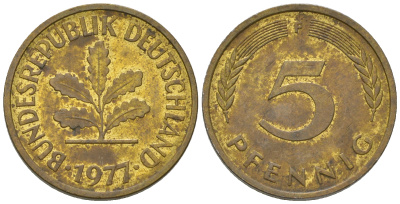 ФРГ 5 пфеннигов 1977 F KM 107, J.382 сталь плакированная латунью 4651-1122
