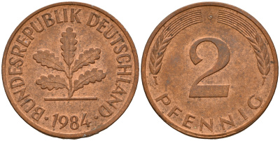 ФРГ 2 пфеннига 1984 G J.381a, KM 106a сталь плакированная медью    4598-869