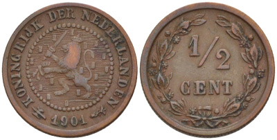 НИДЕРЛАНДЫ 1/2 ЦЕНТА 1901 ВИЛЬГЕЛЬМИНА (1890-1948) KM 109 бронза 39-145
