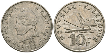 Французская Новая Каледония 10 франков 2012 рыбачья парусная лодка, (IEOM) KM 11a, Schoen 13a, Lec 99k медно-никель 67-236