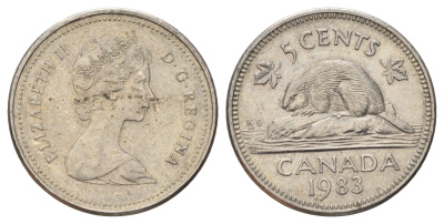 Канада 5 центов 1983 Елизавета II (1952-2022), бобр KM 60.2a медно-никель 4689-423