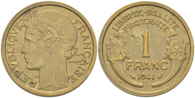 ФРАНЦИЯ 1 ФРАНК 1941 ТИП MORLON KM 885, LE FRANC 219.12 алюминиевая бронза 4402-856