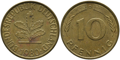 ФРГ 10 ПФЕННИГОВ 1980 D KM 108, J.383 сталь плакированная латунью 33-142