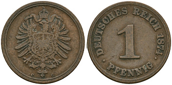 Германия 1 пфенниг 1874 C, Вильгельм I (1871-1888) KM 1, J. 1, Weege 1 медь 4136-1263