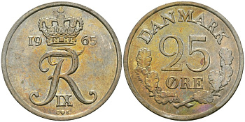 Дания 25 эре 1965 Фредерик IX (1947-1972) KM 850 медно-никель 4579-312