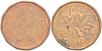 КАНАДА 1 ЦЕНТ 1983 КЛЕНОВЫЙ ЛИСТ, ЕЛИЗАВЕТА II KM 132 бронза 96-654