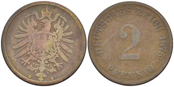 ГЕРМАНИЯ 2 ПФЕННИГА 1875 E, СТАРОГЕРБОВКА KM 2, J. 2, Weege 3 медь 212-537
