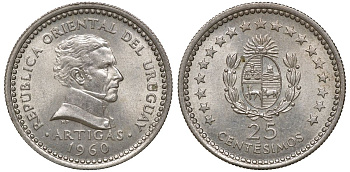 Уругвай 25 сентесимо 1960 KM 40 медно-никель 4169-758