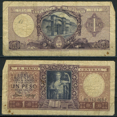 Аргентина 1 песо 1952 Pick 260 b бумага 8621-19-1-1