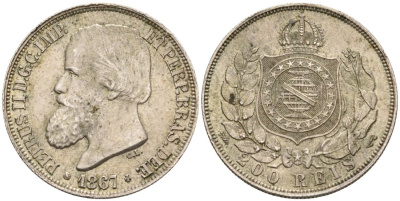 Бразилия 200 рейс 1867 Педро II (1831-1889) KM 471 серебро 188-1168