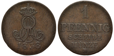 Ганновер 1 пфенниг 1838 B, Эрнст Август (1837-1851) KM 176, AKS 127, J. 53 медь 75-469