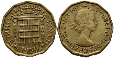 Великобритания 3 пенса 1960 Елизавета II (1952-2022) KM 900, Spink 4153 никель латунь 4393-1213